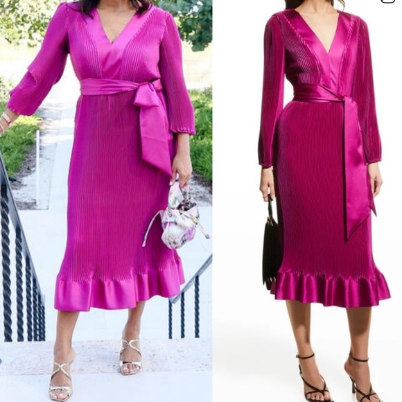 Milly Vivianna Pleated Satin Midi Dress in Amethyst size 4 $450 - Picture 2 of 15